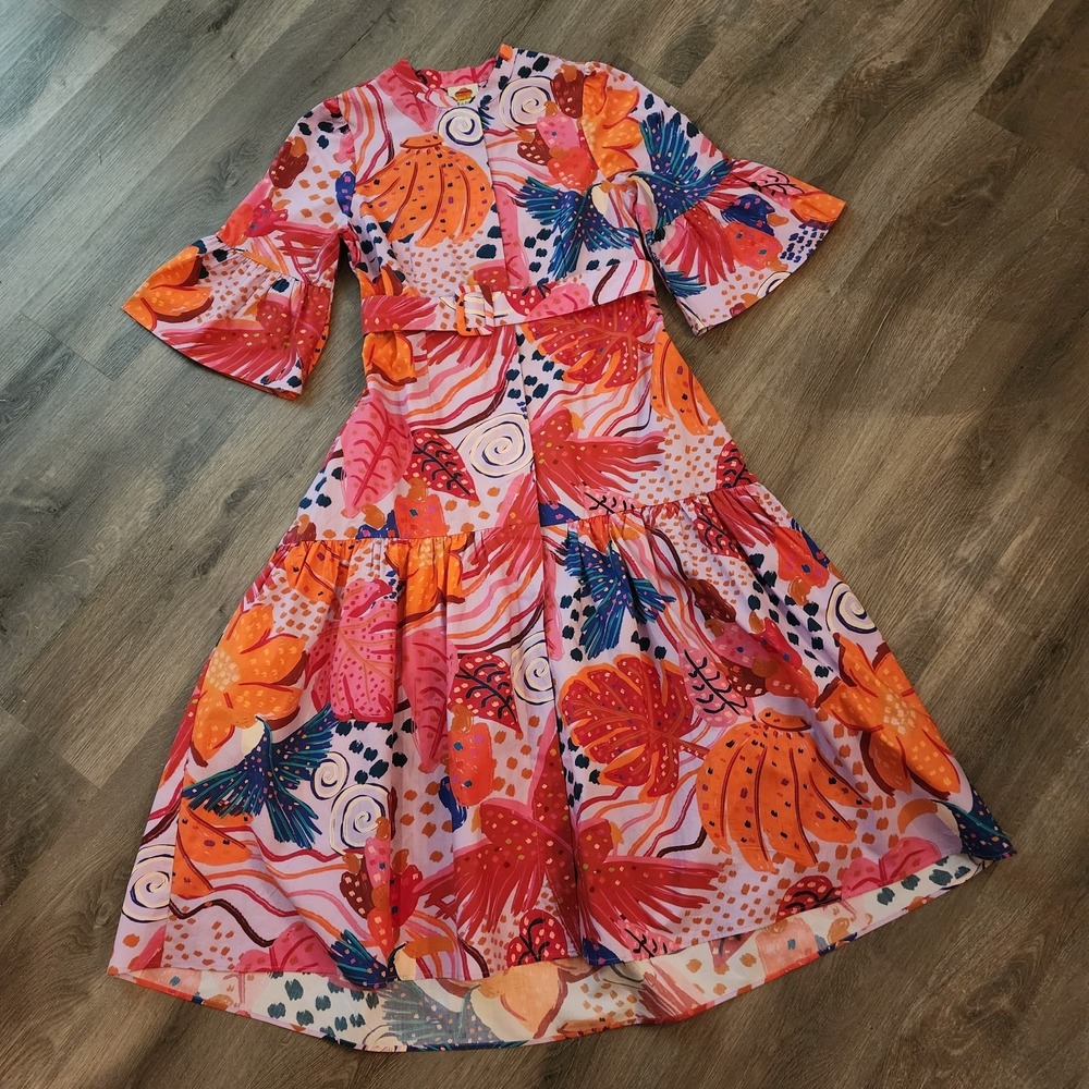 Farm Rio Tropical Print Belted Midi Dress M Pink Orange Bell Sleeve Resortwear - Picture 9 of 16